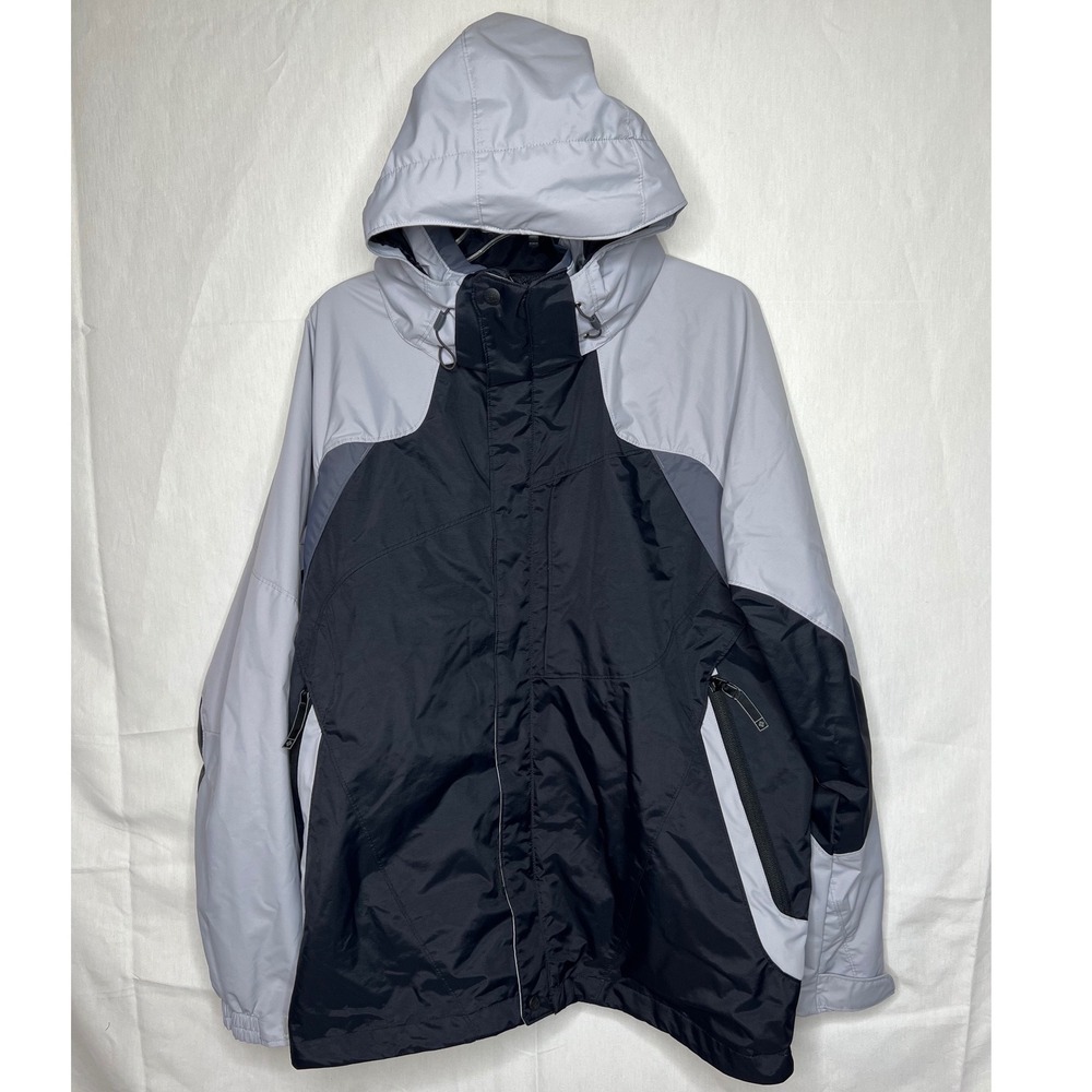 Columbia Storm Dry Interchange Jacket Mens Large Black Grey Hooded Rain Shell